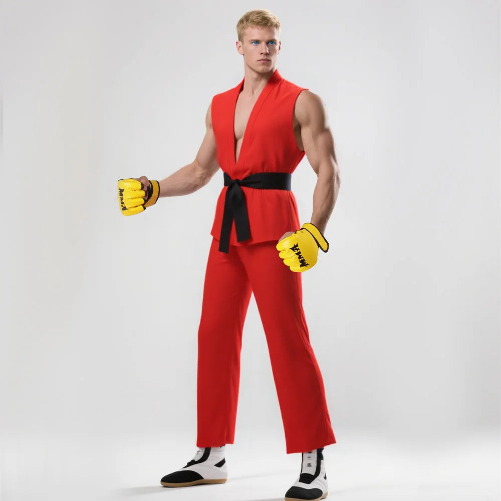 Street Fighter Ryu and Ken Cosplay Costume White and Red Martial Arts Uniform with Belt Men's Karate Outfit for Adults
