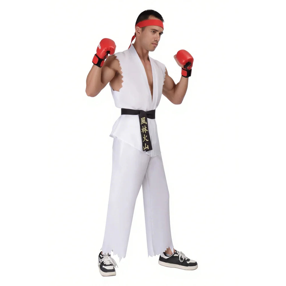 Street Fighter Ryu and Ken Cosplay Costume White and Red Martial Arts Uniform with Belt Men's Karate Outfit for Adults
