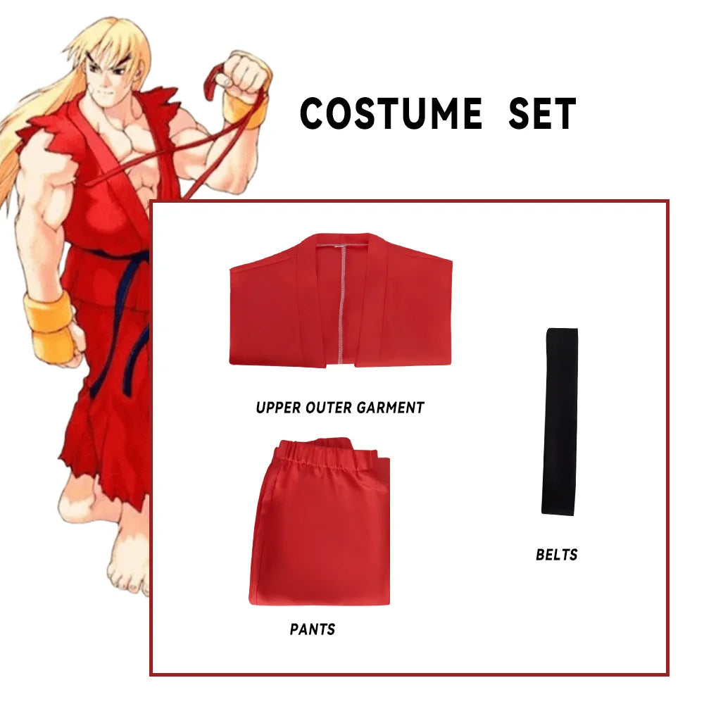 Street Fighter Ryu and Ken Cosplay Costume White and Red Martial Arts Uniform with Belt Men's Karate Outfit for Adults