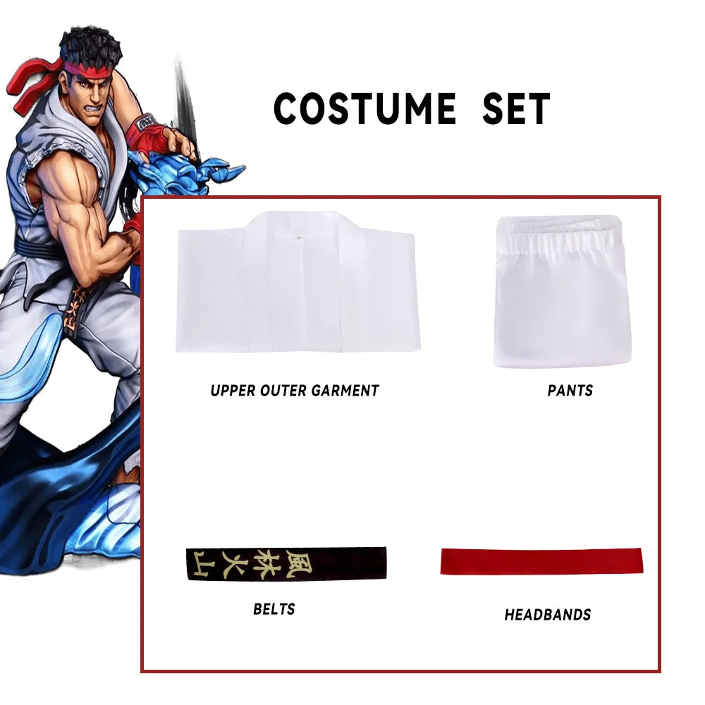 Street Fighter Ryu and Ken Cosplay Costume White and Red Martial Arts Uniform with Belt Men's Karate Outfit for Adults