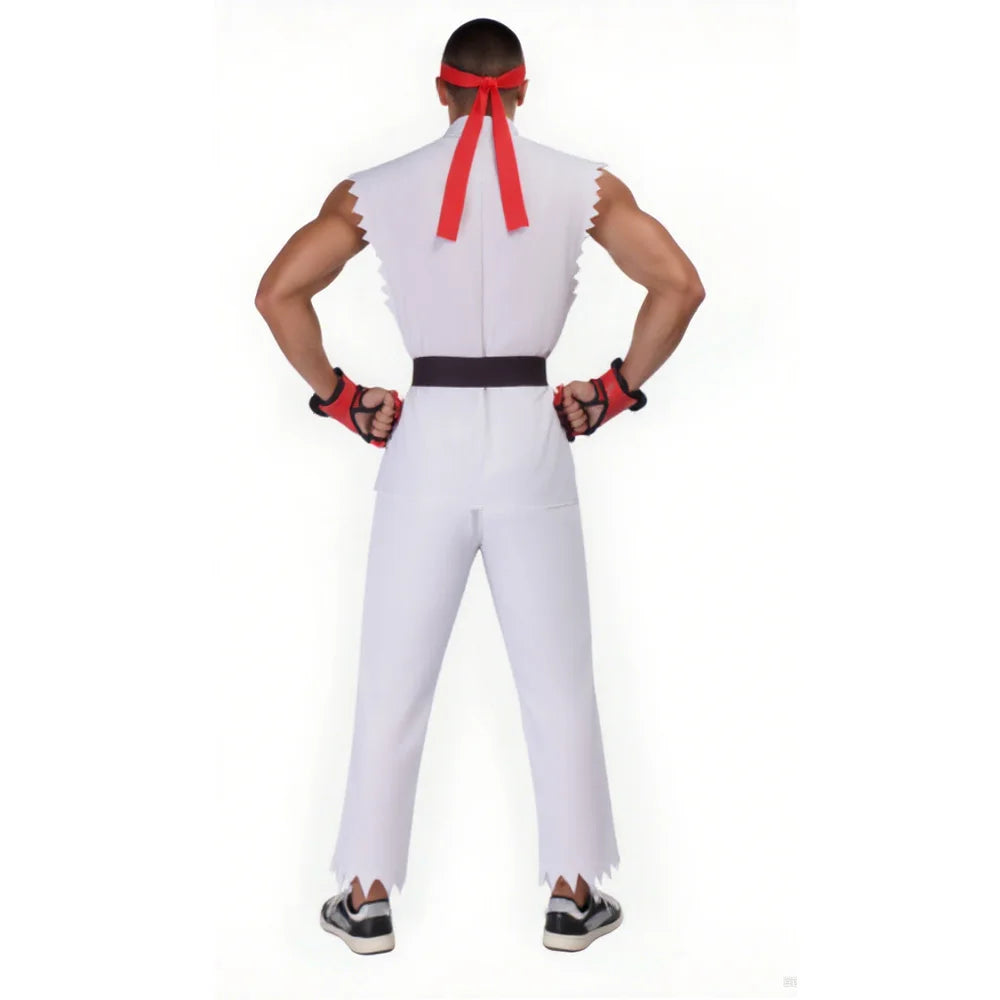Street Fighter Ryu and Ken Cosplay Costume White and Red Martial Arts Uniform with Belt Men's Karate Outfit for Adults