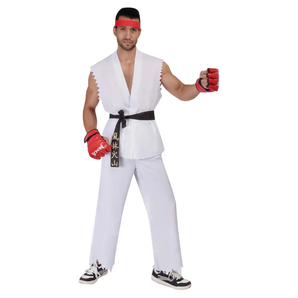 Street Fighter Ryu and Ken Cosplay Costume White and Red Martial Arts Uniform with Belt Men's Karate Outfit for Adults