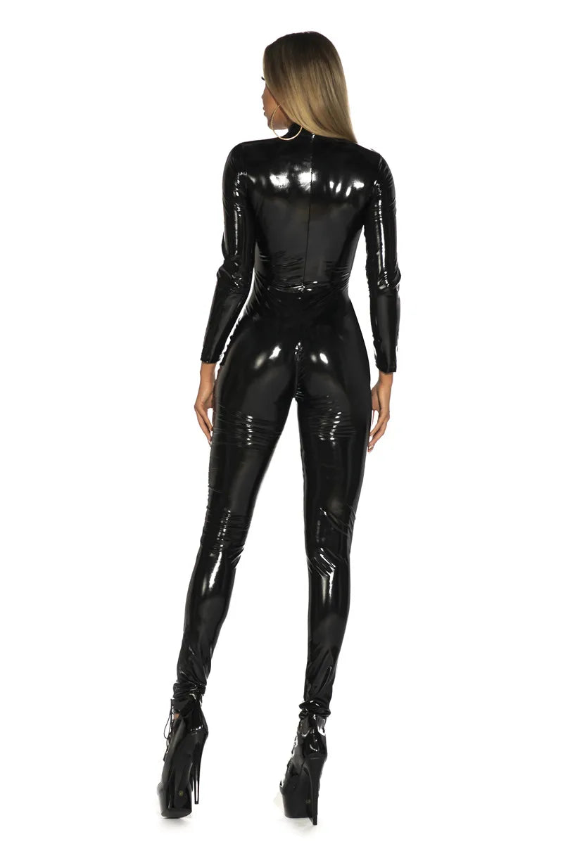 Women Black Red Sexy Shiny Patent Leather PU Zipper Open Crotch Jumpsuit Nightclub Wet Look Bodysuit S-5XL