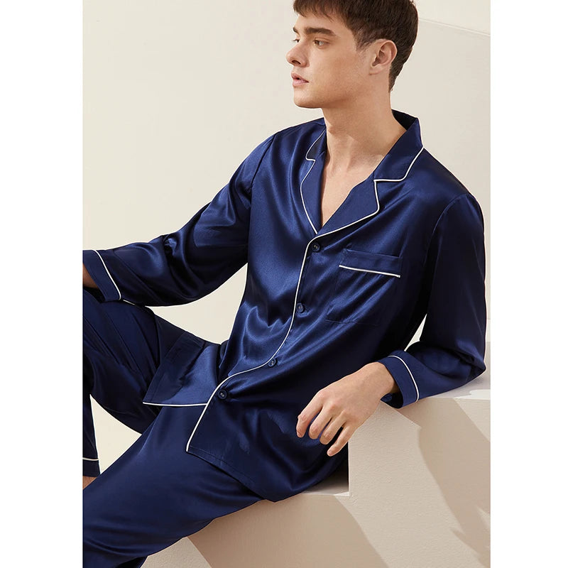 Men's 100% Real Silk Pajamas Set for Men Sleepwear Loungewear Long Sleeve Button Down PJ with Pocket Luxury 19 Momme