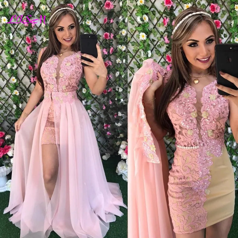 Elegant 2 Pieces Prom Dresses Lace Appliques Pearls Side Slit Evening Gowns Cap Sleeves Chiffon Formal Women Dress 2020