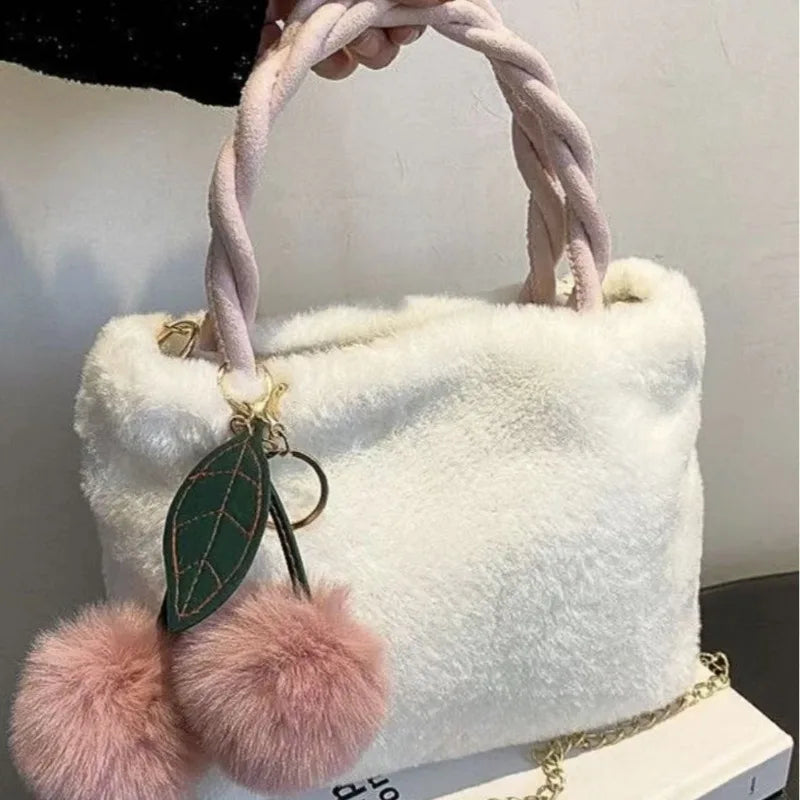 Cute Cherry Girl Plush Handbag Women's New Autumn and Winter Furry Shoulder Messenger Bag Fashion Furry Small Bag