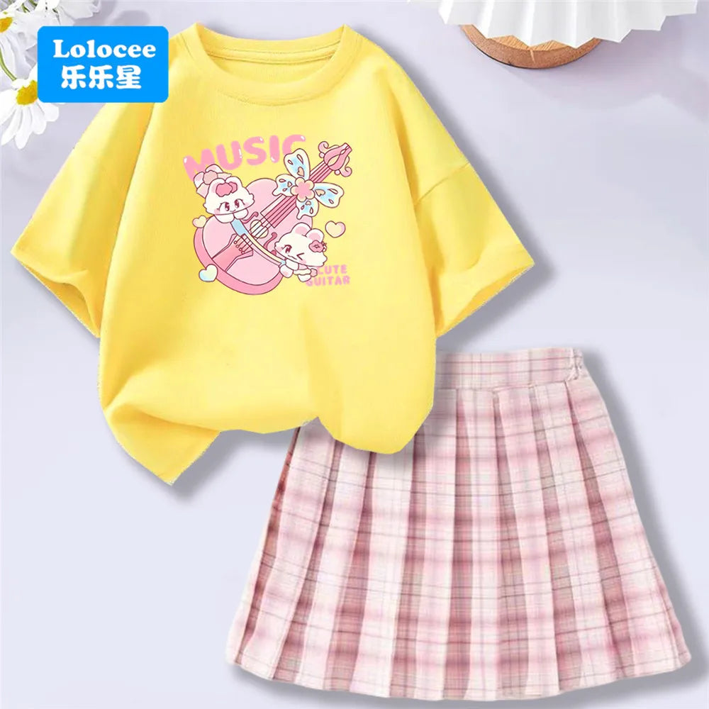 Kids' Summer School Outfit - Kawii Bunny & Strawberry T-Shirt top + Plaid Skirt 2 piece Set Fashion Girls Clothes