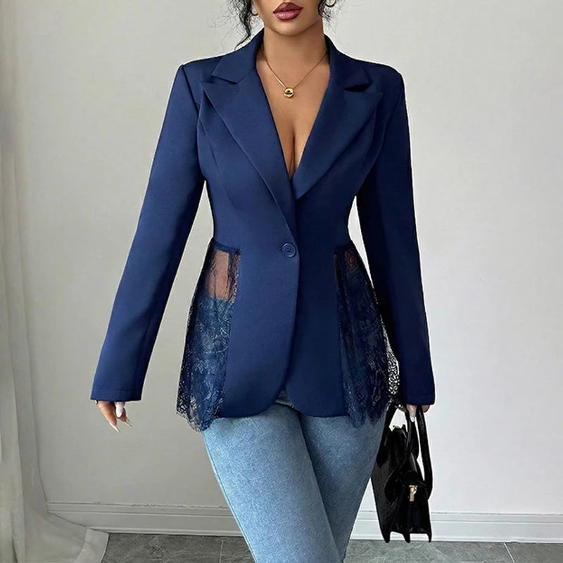 Elegant Lace Patchwork Blazer Women Fashion Notched Collar Long Sleeve One-button Perspective Sexy Versatile Suit Coat
