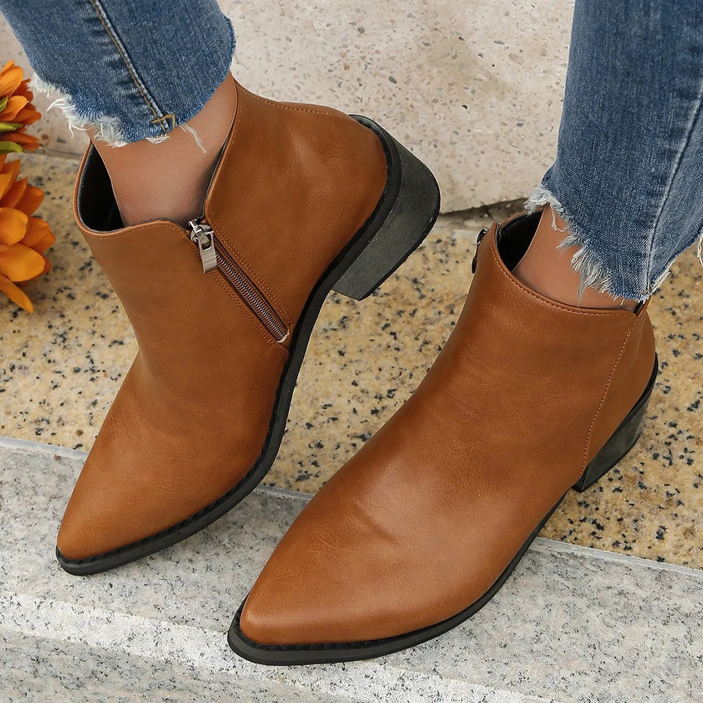 Autumn Women Ankle Boots Retro Style Pointed Toe Leather Boots Solid Short Barrel Chunky Heel Western Boots Botines Mujer