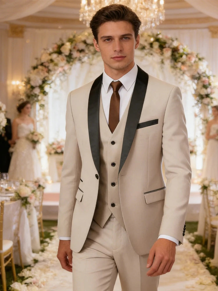 Men's 3 Piece Tuxedo Suit Set One Button Satin Shawl Lapel Slim Fit Blazer Vest Pants For Formal Business Wedding Groom