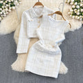 Autumn Dress Suit Women Luxury Korean Chic Blue Tweed Jacket + Vest Dress Elegant 2 Piece Set Long Sleeve Cropped Coat