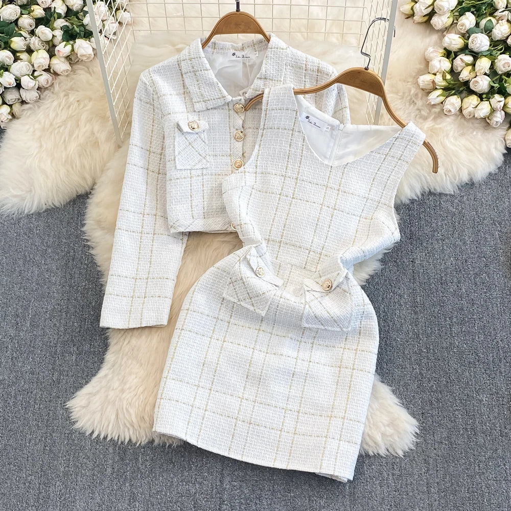 Autumn Dress Suit Women Luxury Korean Chic Blue Tweed Jacket + Vest Dress Elegant 2 Piece Set Long Sleeve Cropped Coat
