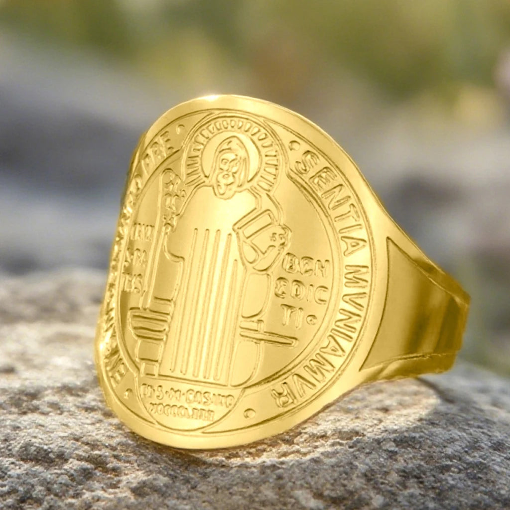 Dawapara Saint Benedict Adjustable Ring Christian Exorcism Blessed By Pope Men Religious Ring Stainless Steel Wedding Band