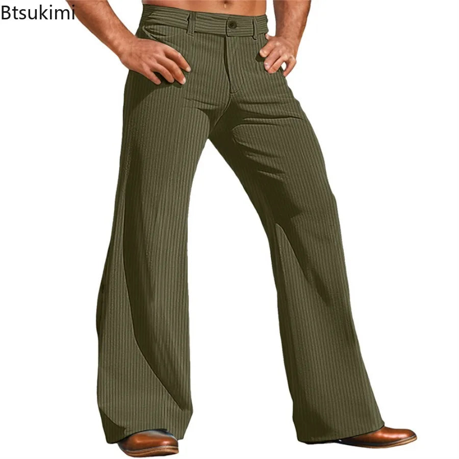 2026 Men's Dress Pants Solid Corduroy Flared Trousers Male Casual Pocket Plain Comfort Business Daily Holiday Modern Pants Men