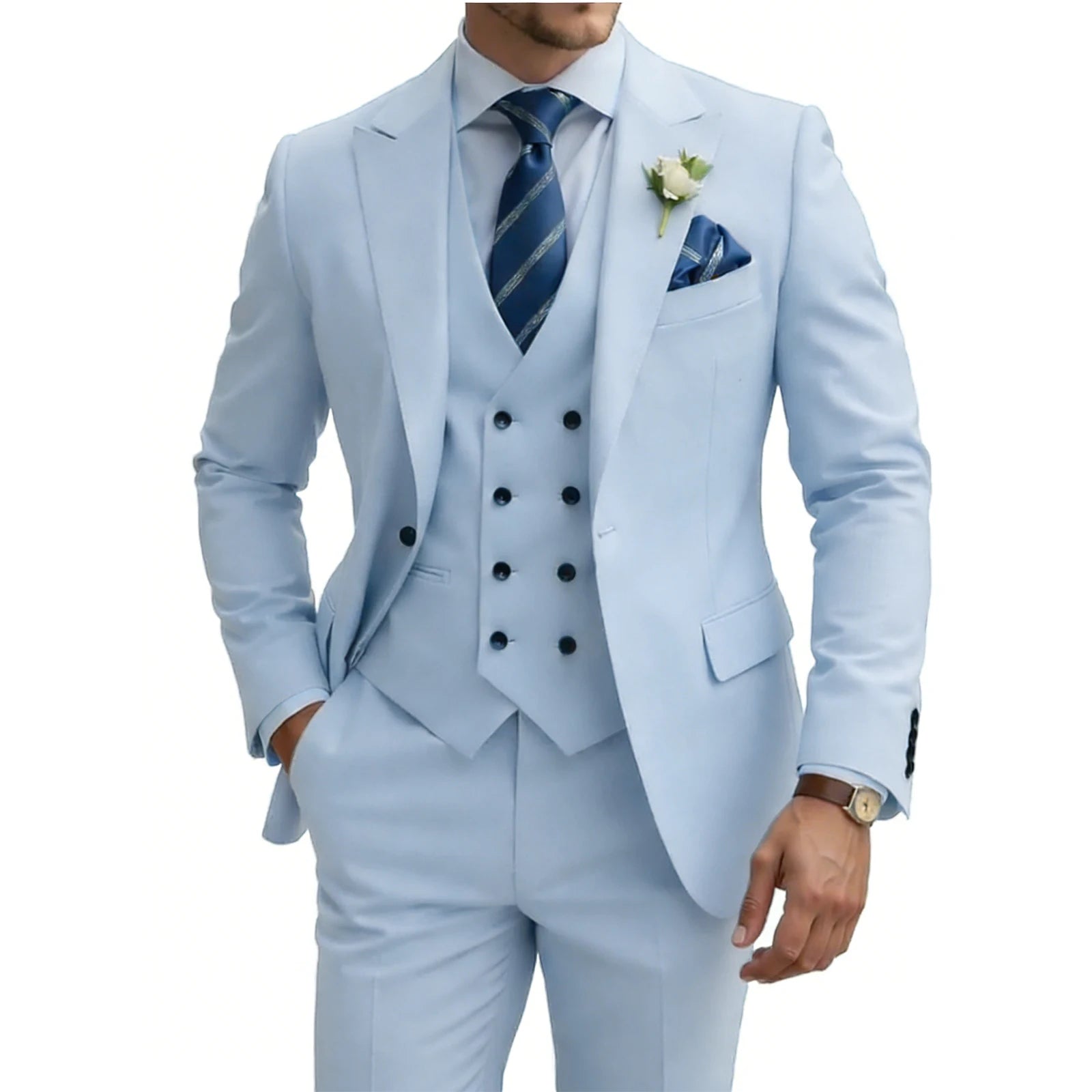 Mens 3 Piece Slim Fit For Men Double Breasted Suit Wedding Prom Suits Formal Business Dinner Tuxedo