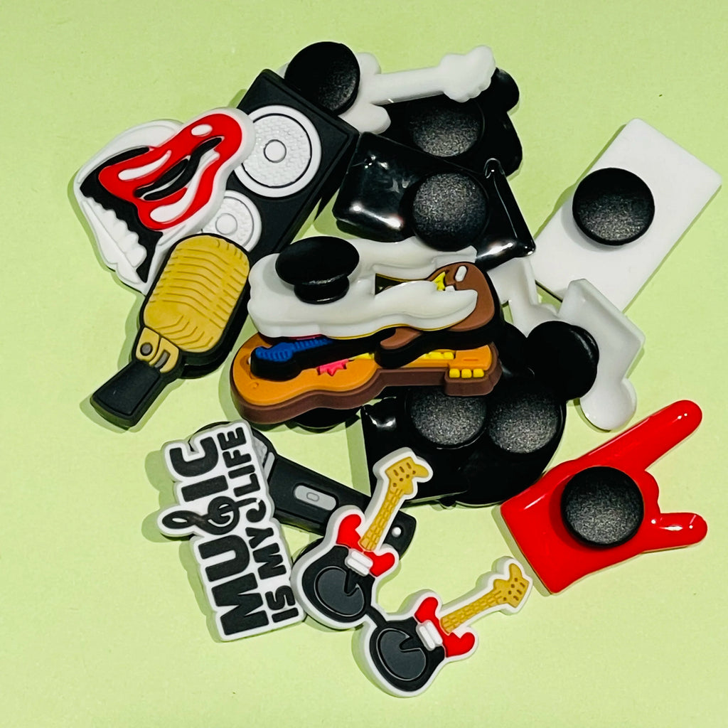 1-17PCS PVC Shoe Charms Fit Wristbands Music Life Rock Star Hole Slipper Decoration Shoe Buckle Button Accessories Adult Gift