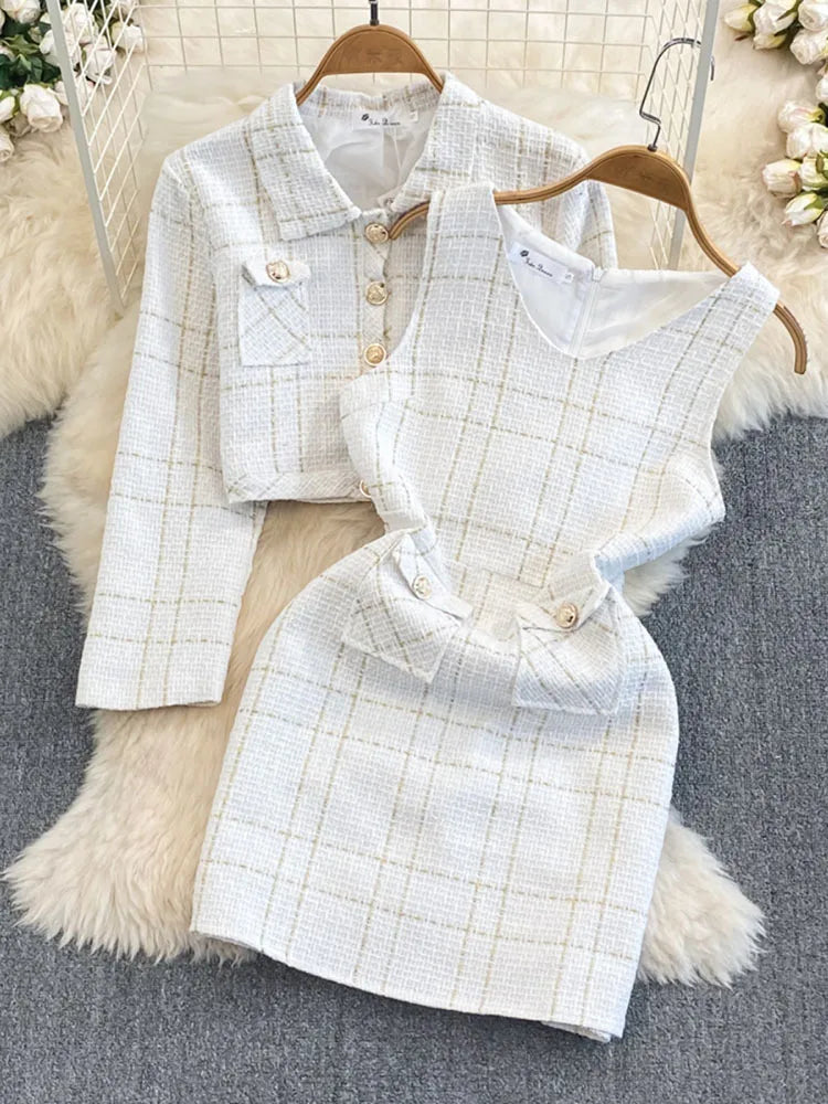 Autumn Dress Suit Women Luxury Korean Chic Blue Tweed Jacket + Vest Dress Elegant 2 Piece Set Long Sleeve Cropped Coat