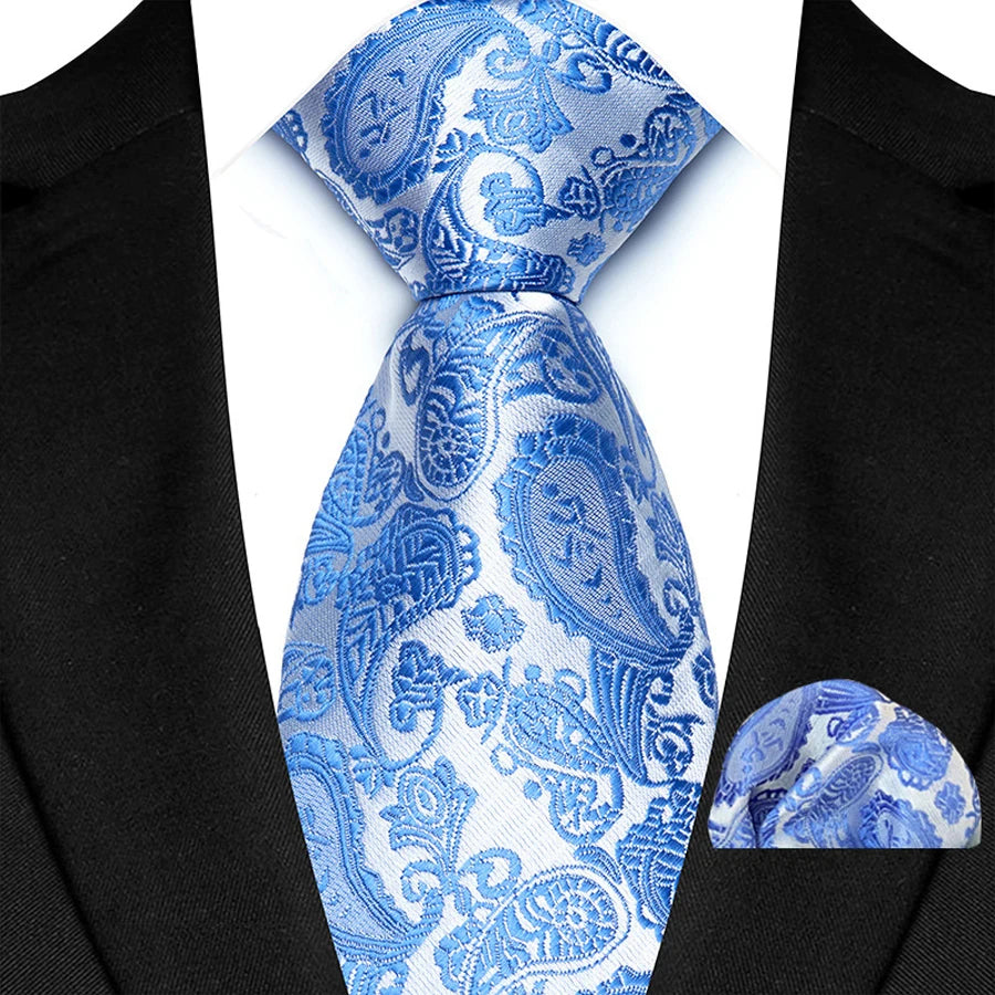 Men's Ties Set Luxury Floral Plaid Solid Light Blue Ties Business Party Formal Necktie Pocket Square Set Suits Accessory Gift