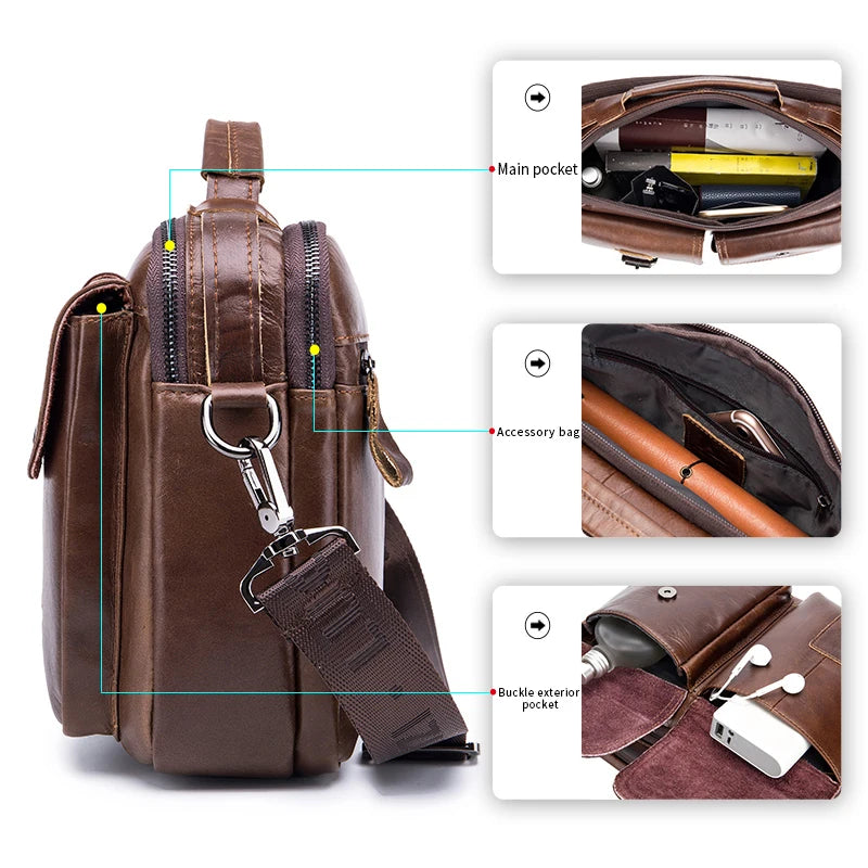 Men's Genuine Leather Shoulder Bag, Retro Top Layer Cowhide Casual Crossbody Bag, Men's Square Bag