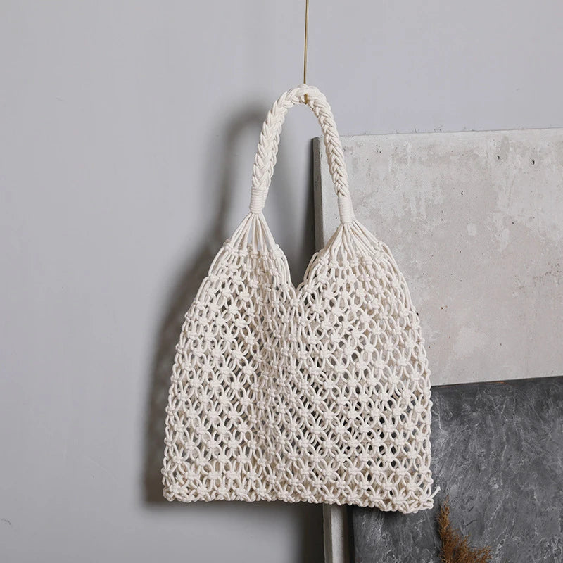 Summer Woven Bag for Women Handbags Handmade Knitted Beach Boho Shoulder Bag Large Tote Bag Hollow Out Shopping Bag