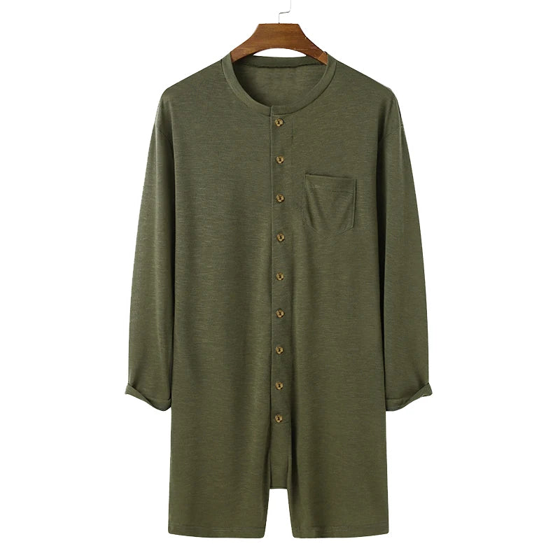 New Men Sexy Pajamas Jumpsuit Solid Color Tight O Neck Long Sleeve T Shirt and Shorts One-piece Button-down Breathable Home Wear