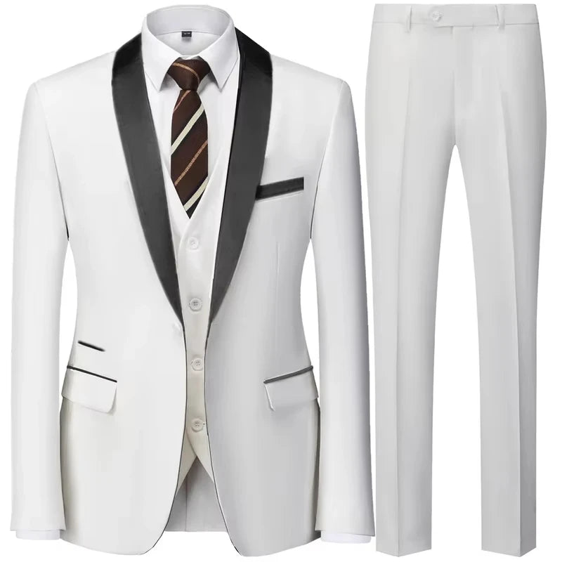 Men's 3 Piece Tuxedo Suit Set One Button Satin Shawl Lapel Slim Fit Blazer Vest Pants For Formal Business Wedding Groom