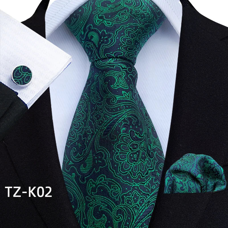 Men Ties Set Green Floral Paisley Necktie Business Formal Pocket Square Cufflinks Set For Wedding Party Accessories Cravat