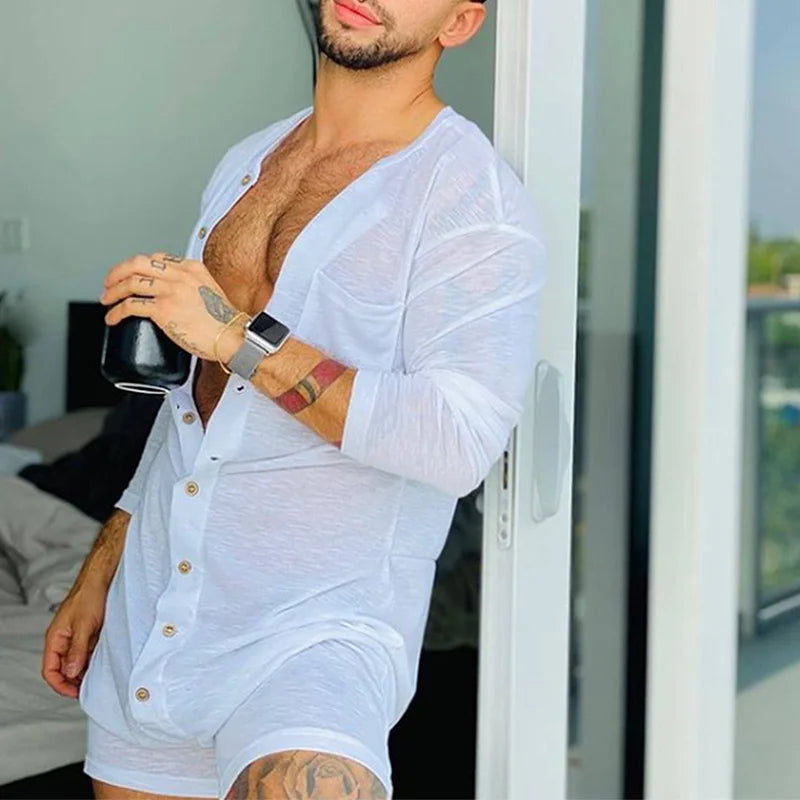 New Men Sexy Pajamas Jumpsuit Solid Color Tight O Neck Long Sleeve T Shirt and Shorts One-piece Button-down Breathable Home Wear