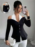 Women's Black White Contrast Off-Shoulder Top Halter Neckline Button Front Ideal for Evening Events Fashion-forward Outings