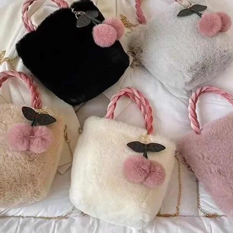 Cute Cherry Girl Plush Handbag Women's New Autumn and Winter Furry Shoulder Messenger Bag Fashion Furry Small Bag