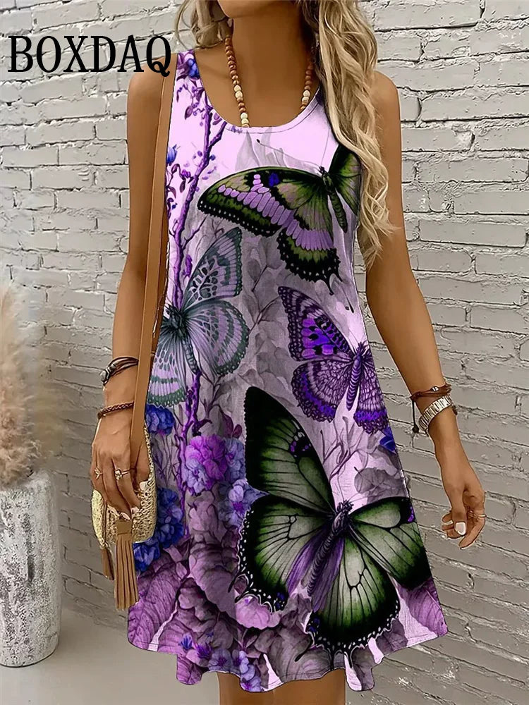 Dresses For Women 2025 Women Vacation Beach Summer Vest Butterfly Flowers Loose Dress Sundress Casual 3D Print Sleeveless Dress