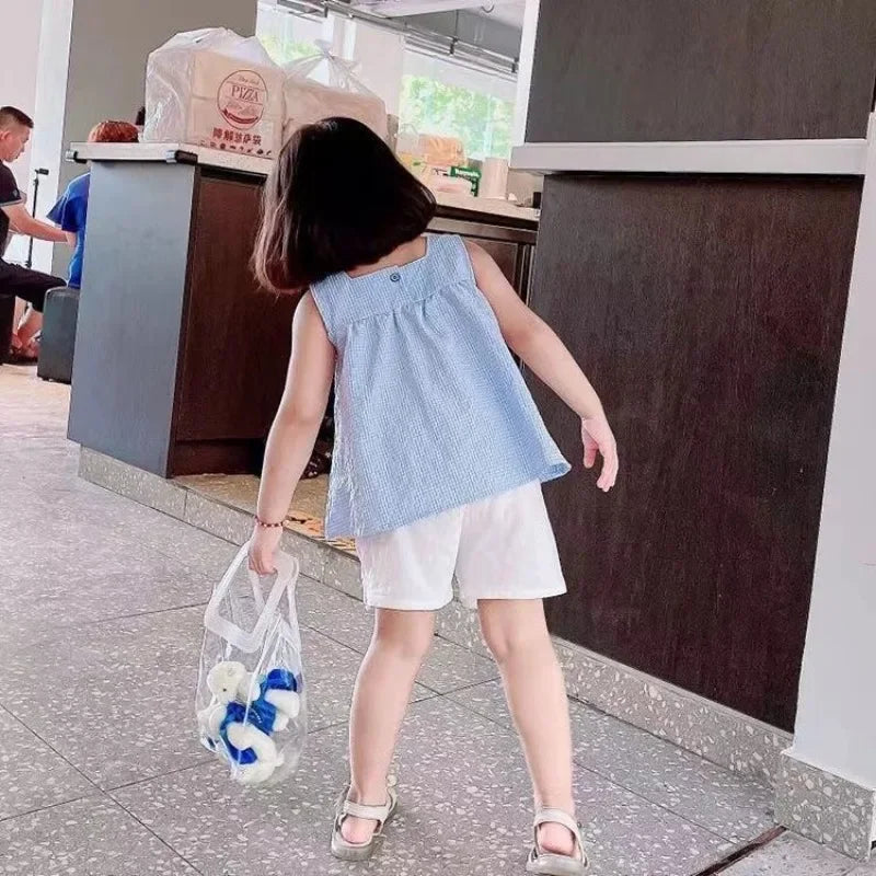 Girls Clothes Sets Summer Kids Casual Clothing for Girls Checked Straps+White Shorts Children's Baby Girl Outfit
