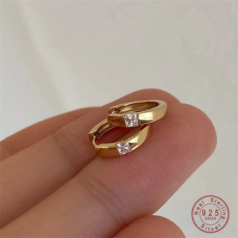 S925 Sterling Silver Plated 18K Gold Square Zircon Mini Earrings Versatile Minimalist Luxury Women's Ear Jewelry