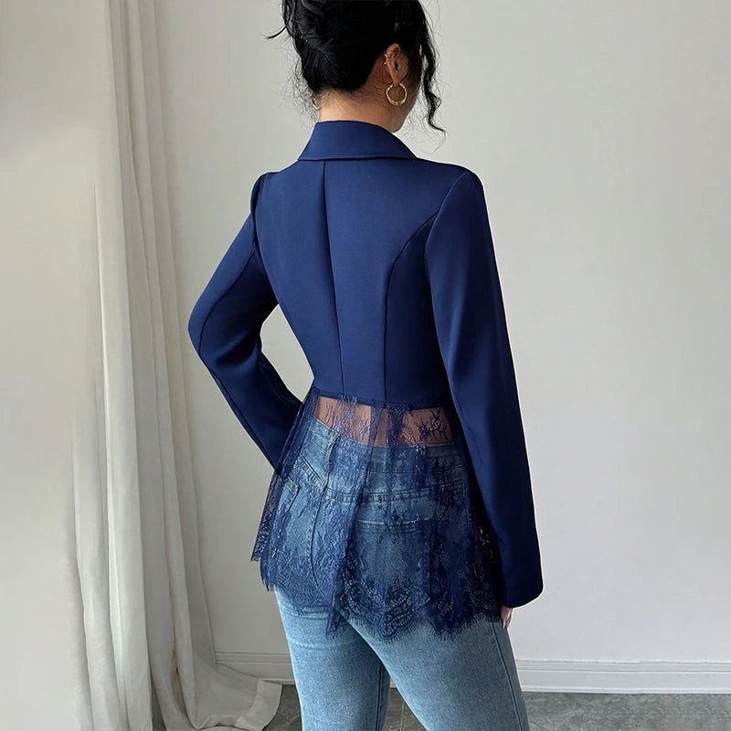 Elegant Lace Patchwork Blazer Women Fashion Notched Collar Long Sleeve One-button Perspective Sexy Versatile Suit Coat