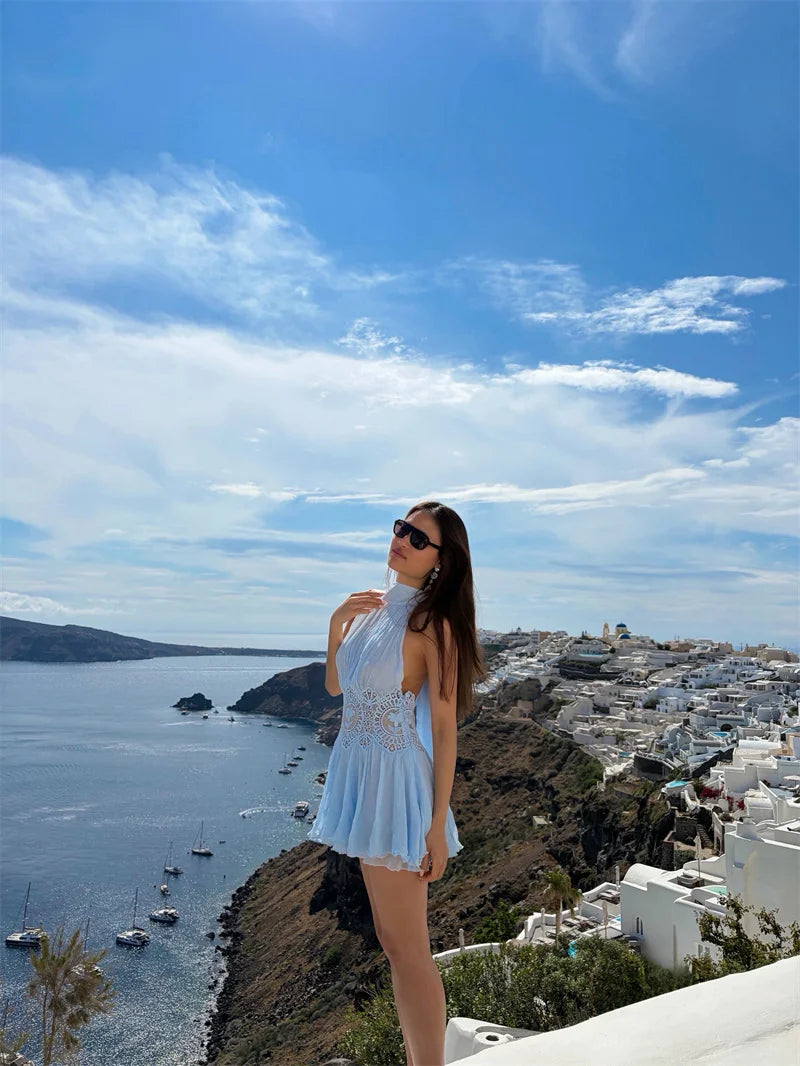Women Floral Lace Mini Dresses for Woman Halter Neck Ruffle Dress High Waist Short Dresses 2026 Summer Beach Female Outfits