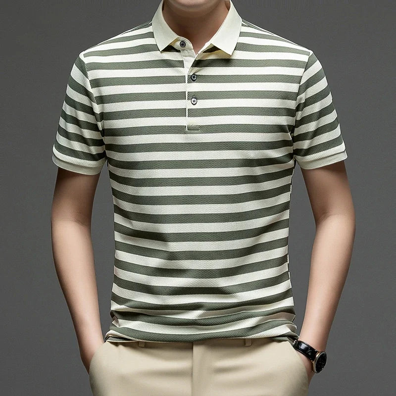 Mens Striped Polo Shirt Short Sleeve Classic Collar Breathable Casual Top For Daily Wear And Summer
