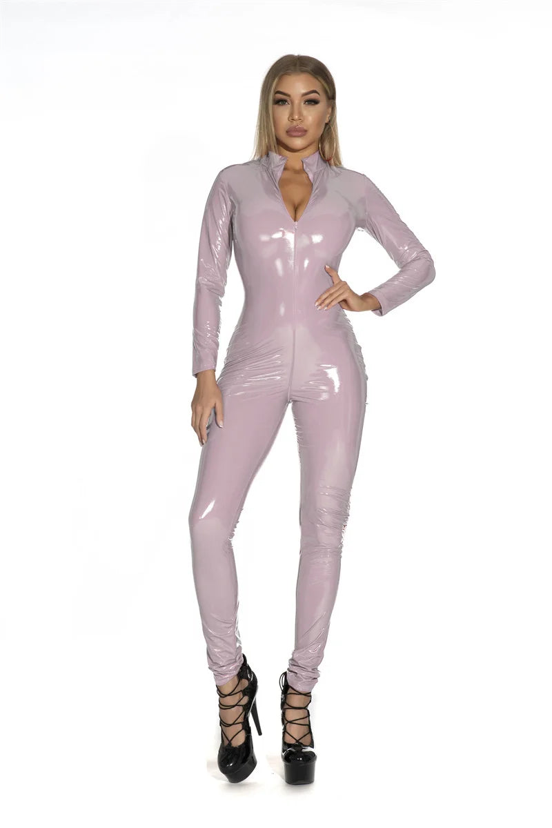 Women Black Red Sexy Shiny Patent Leather PU Zipper Open Crotch Jumpsuit Nightclub Wet Look Bodysuit S-5XL