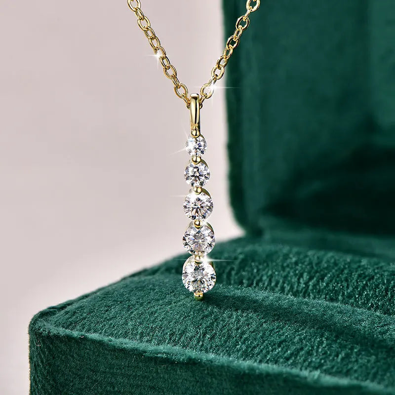 Lnngy Brilliant 5-Stone Moissanite Necklace 14K Gold Filled Long Drop Pendant Necklace for Women Female Jewelry Accessories