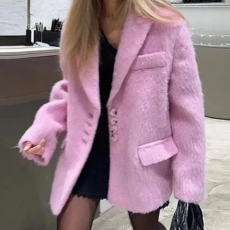 2026 Women Winter Blazer Coat Turn Down Collar Warm Coat Turn Down Collar Fashion Design Blazer Feminino Tops Clothes
