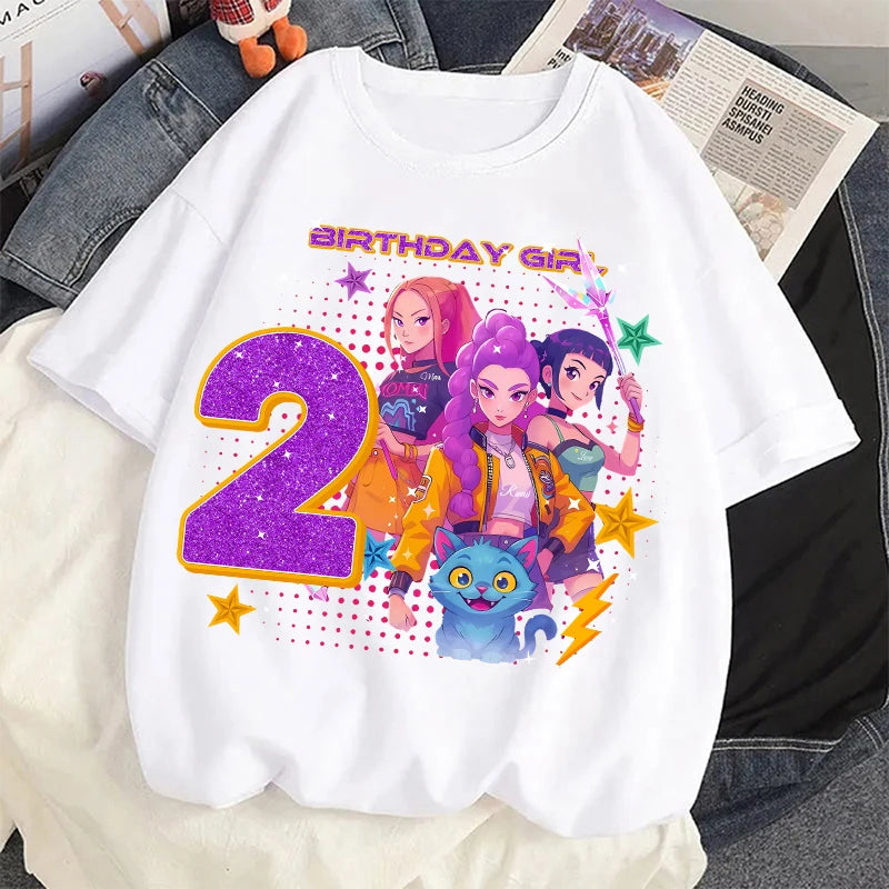 Cute Hunter Theme Girls T-Shirt Kids Music Fan Cartoon Print Birthday Tee Summer Casual Top
