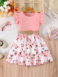 Girl's casual romantic floral print with ruffled edges and small flying sleeves, waist cinching dress (including belt), summer