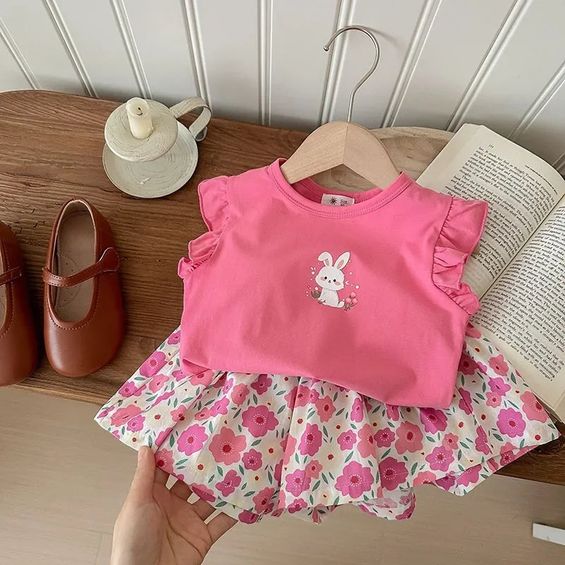 Summer Baby Girls Clothes Cotton Children's Clothing Sets for Kids  Butterfly Sleeve T-Shirts Flowers Print Shorts Two Piece
