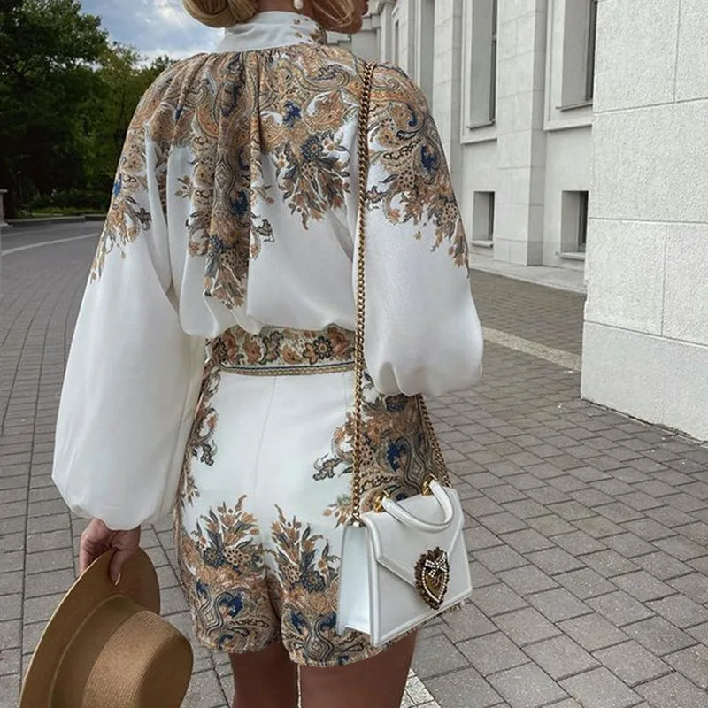 Women's Fall New Office Retro Suit Elegant Printed Semi-high-neck Long-sleeved Shirt + High-waisted Shorts Two-piece Set 2025