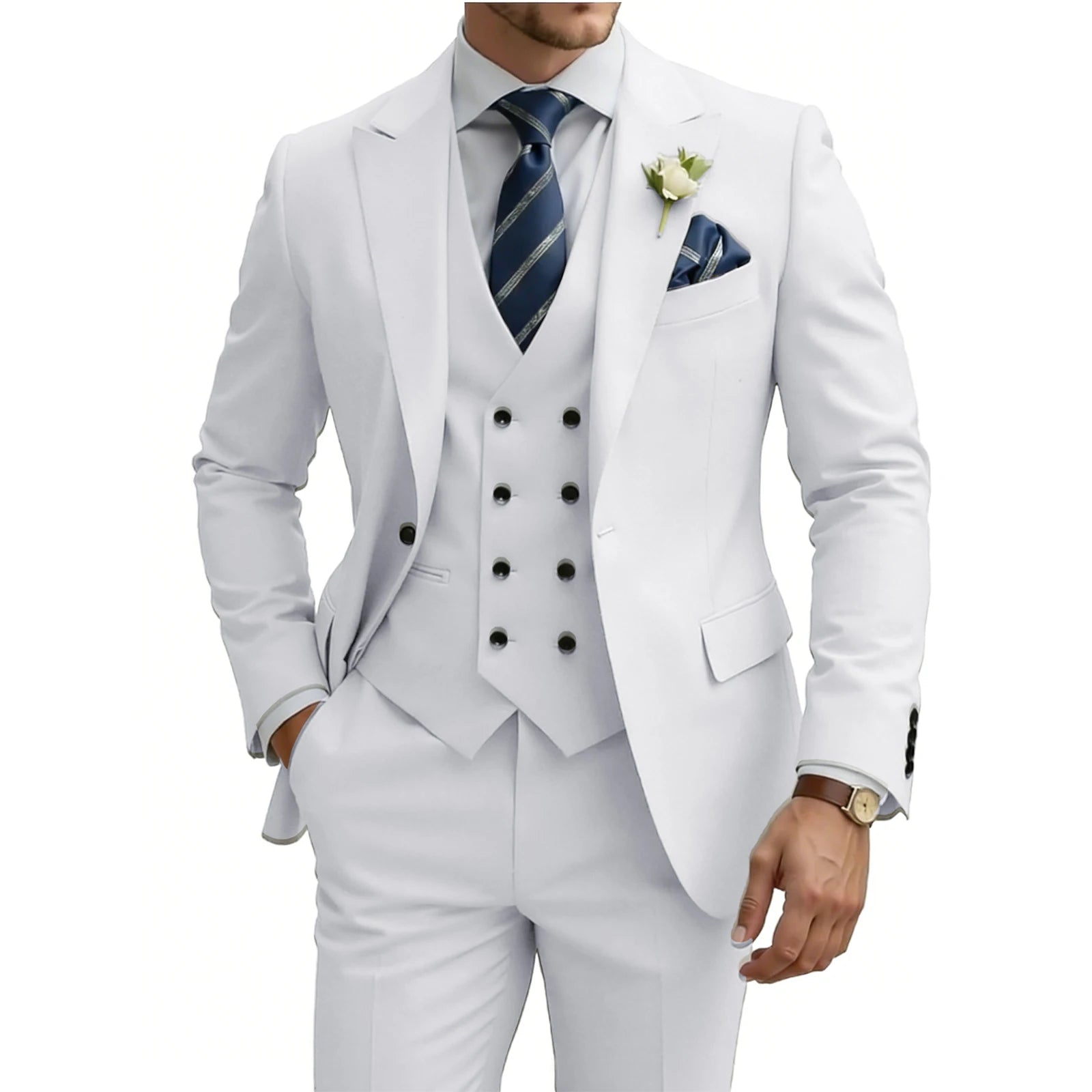 Mens 3 Piece Slim Fit For Men Double Breasted Suit Wedding Prom Suits Formal Business Dinner Tuxedo
