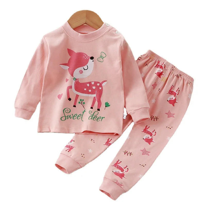 Pink Top Cartoon Design Long Sleeves Long Pants Kid Adorable Girl Pajama Set Children Cozy Night Sleep Unisex Baby Home Clothes