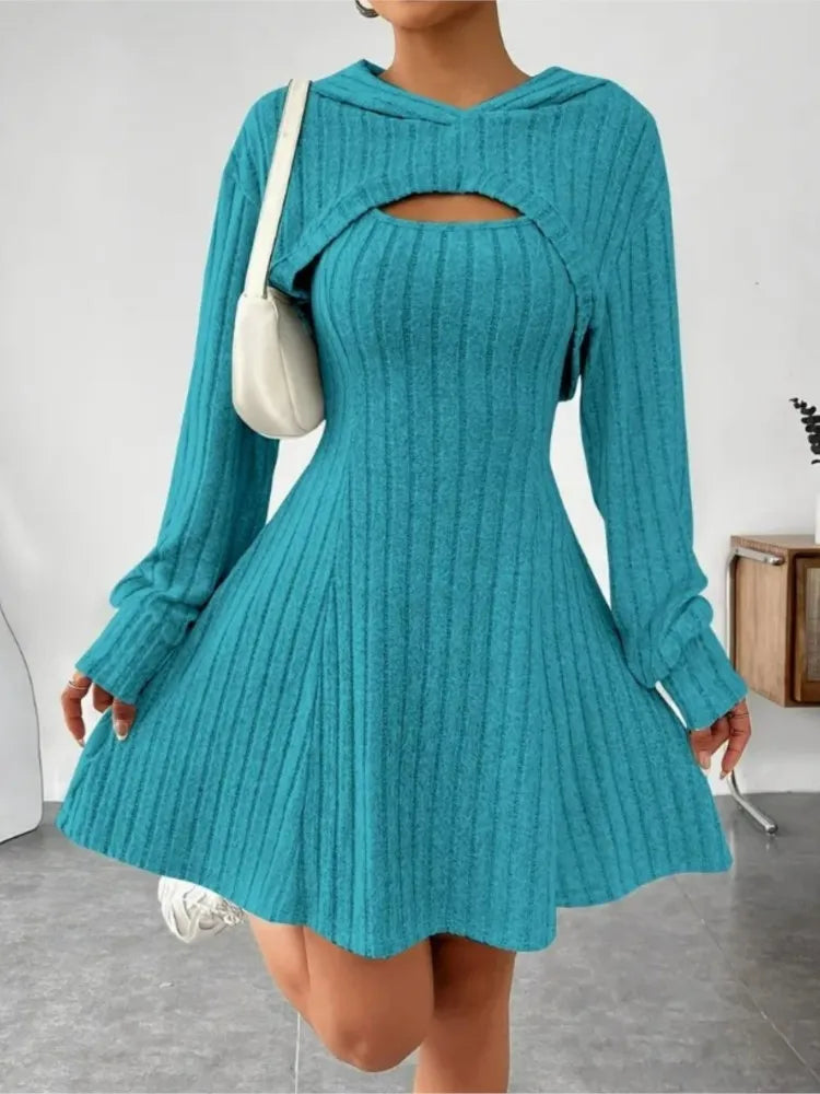 Autumn Winter Fashion Knitted Women's Dress Suit Long-sleeved Hoodie Top + Elegant Female Sleeveless A-line Tank Top 2-piece Set