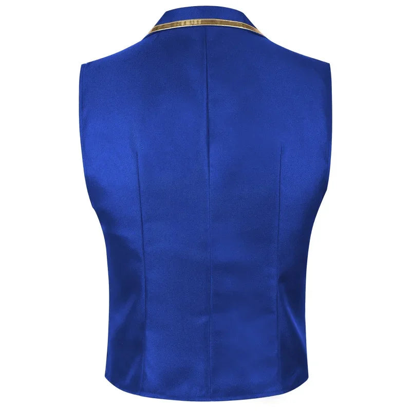 Men's Black Satin Suit Vest with Gold Trim and Chain - Formal Waistcoat for Wedding, Party, Prom - Slim Fit Tuxedo Vest