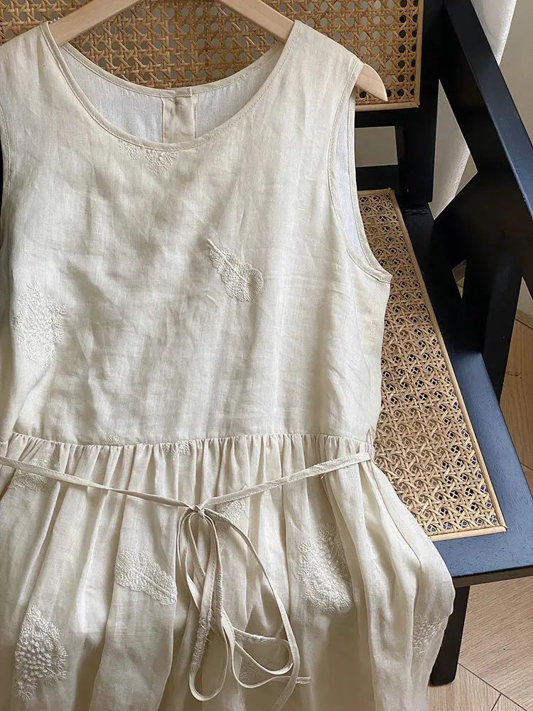 Summer Women Vest Dress Literary Style Cotton and Linen Sleeveless Mid-length A-Line Embroidery Sundress Chic Female Dress
