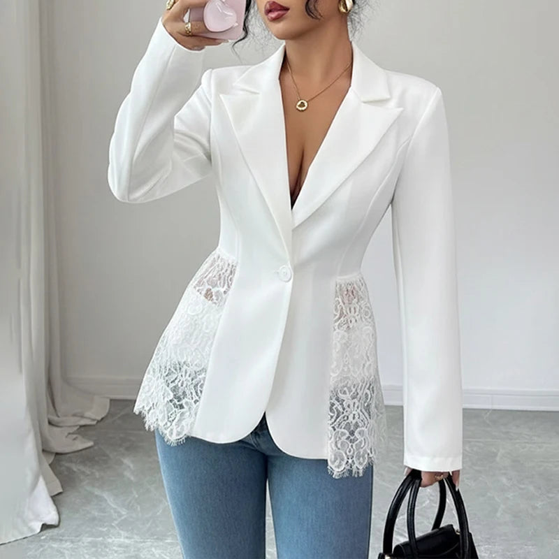 Elegant Lace Patchwork Blazer Women Fashion Notched Collar Long Sleeve One-button Perspective Sexy Versatile Suit Coat