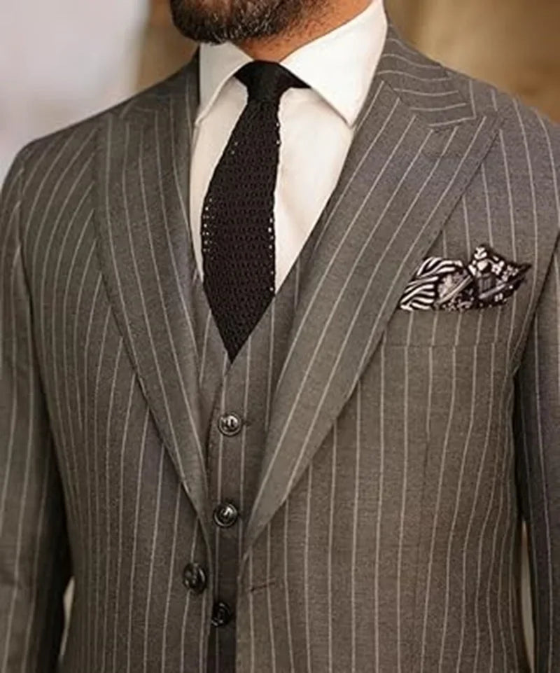 3 Piece Set Men's Fine Stripe Elegant Suit  Blazer Lapel Vest & Pants High Quality Custom Suit for Men Business Wedding